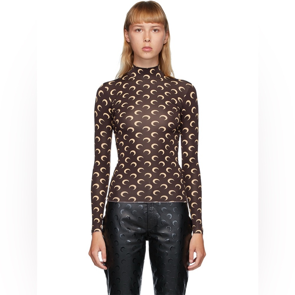 MARINE SERRE Brown and Cream High Neck Moon Print Crescent Long Sleeve Top